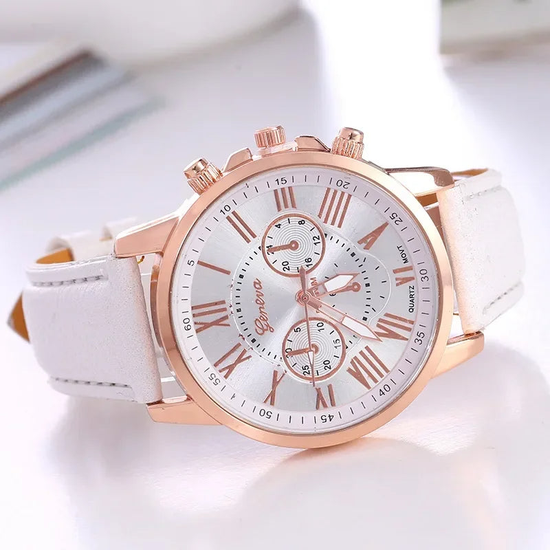 Geneva women's chronograph watch gold case vibrant strap bold color dial Roman numeral accent