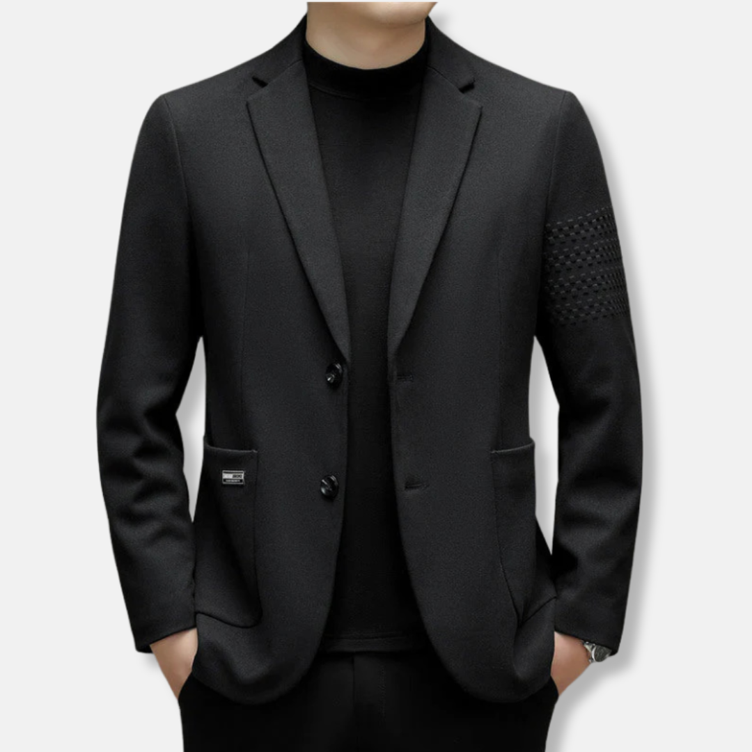 Men's slim fit wool blend blazer, notched lapel, embroidered sleeve detail, modern professional style