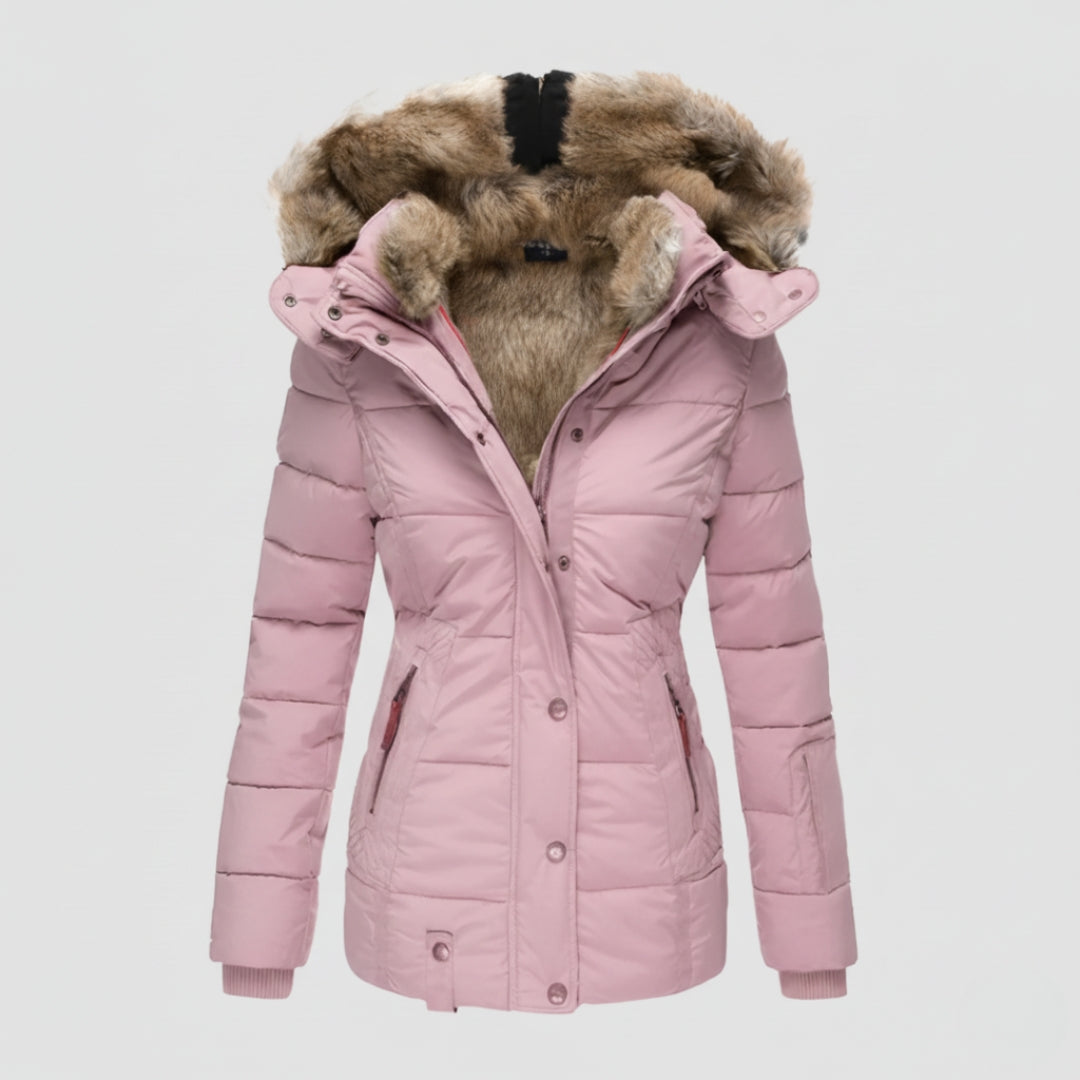 Women's lightweight padded nylon hooded jacket, streamlined silhouette for urban winter warmth