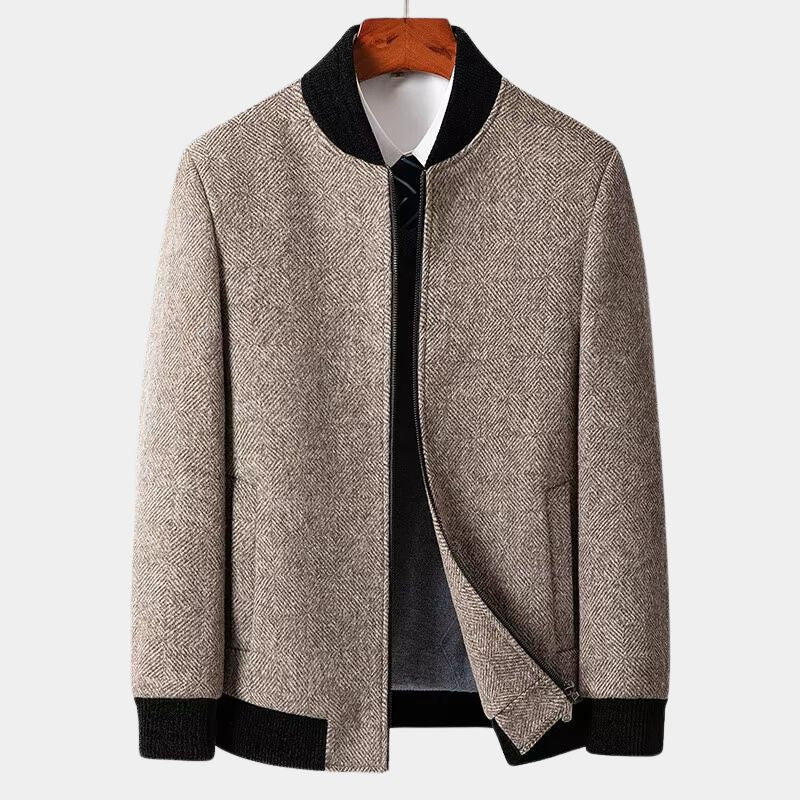Men's navy wool-blend bomber jacket regular fit with geometric ribbed collar and zip closure