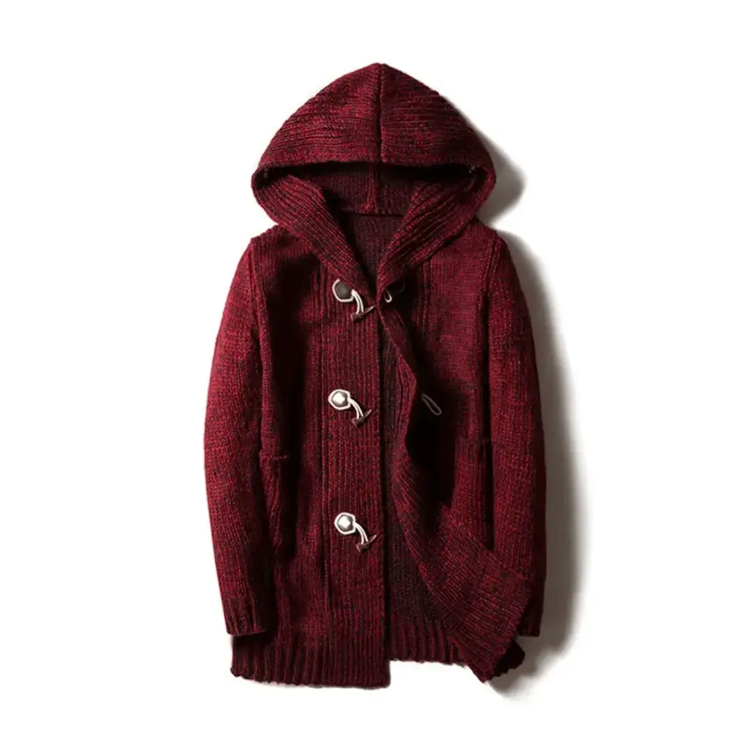 Chunky wool knit hooded cardigan with toggle closures, patch pockets, vintage-inspired style for women