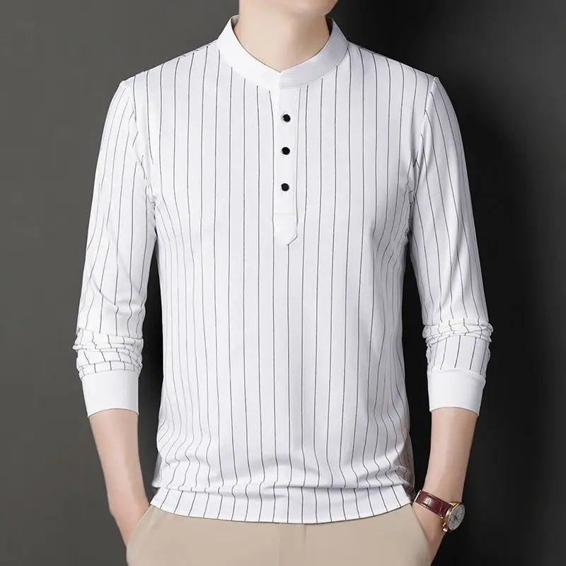 Men's slim fit pinstripe mandarin collar shirt breathable cotton blend wrinkle resistant office essential