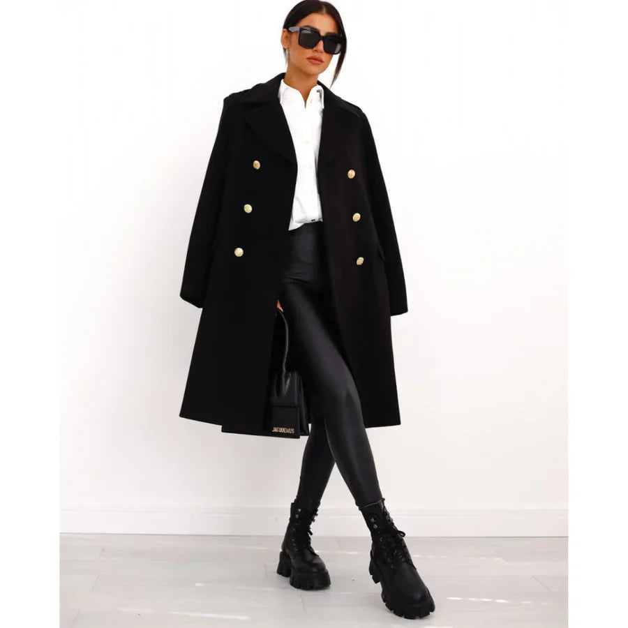 Women's long tailored coat double-breasted buttons wide lapels chic timeless style outerwear