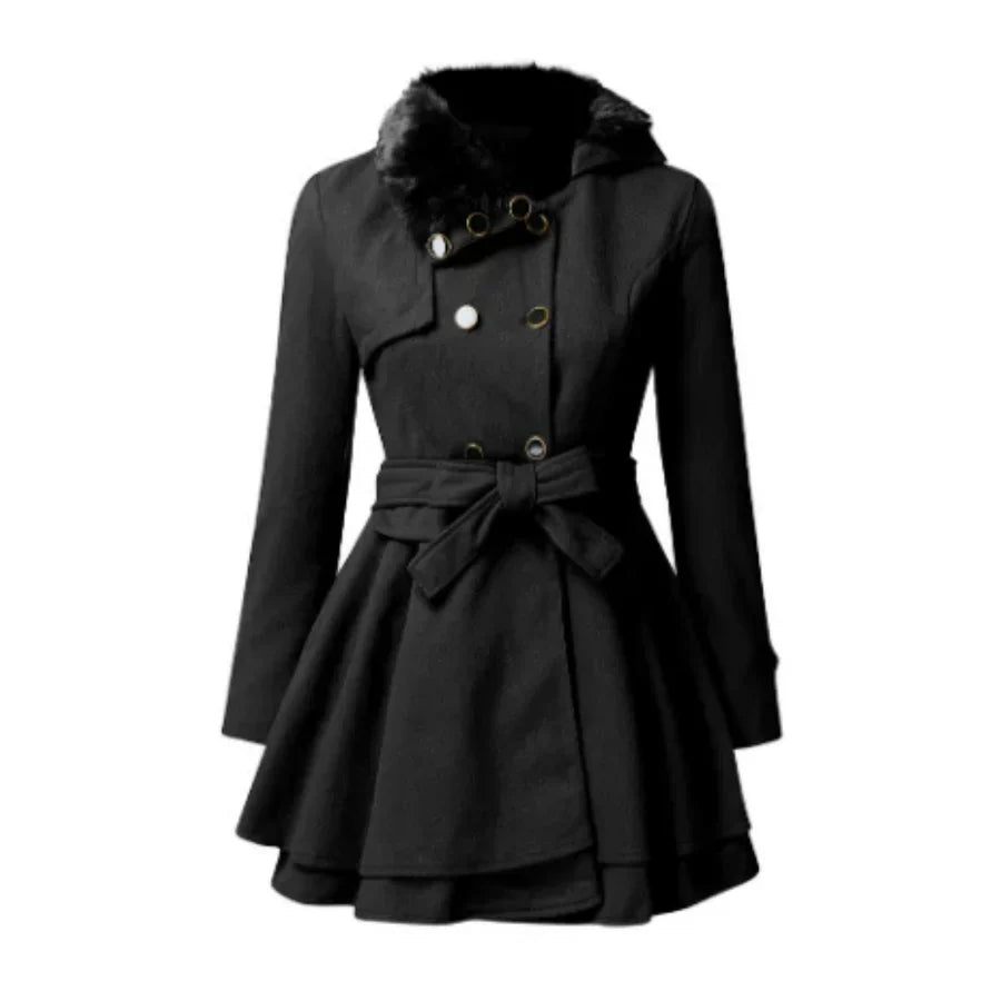 Women's A-line belted coat with faux fur collar and double-button closure for polished winter style