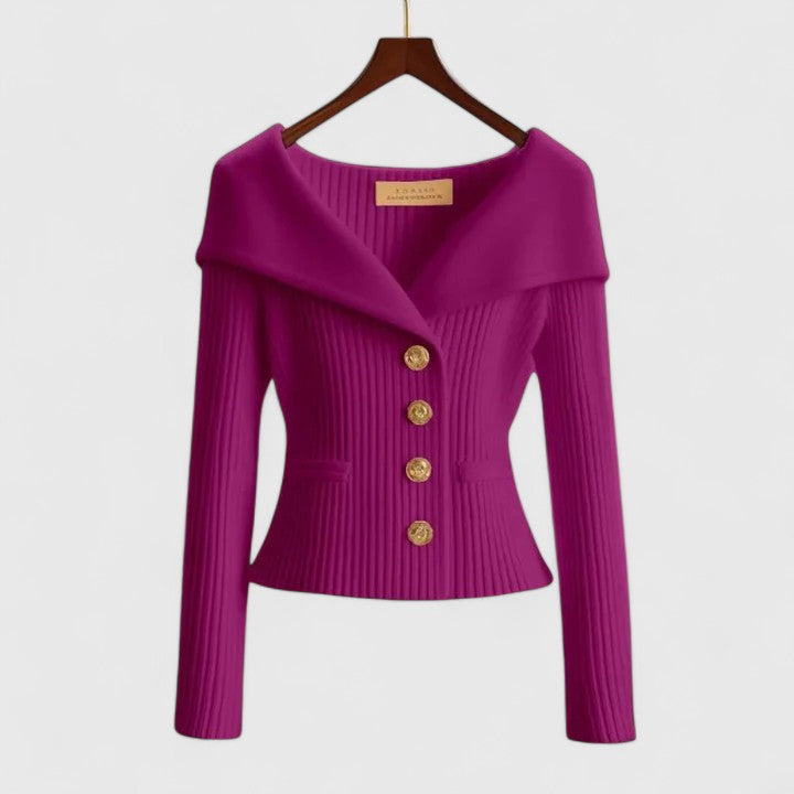 Women's off-shoulder ribbed knit blazer with structured fit and elegant gold-tone buttons