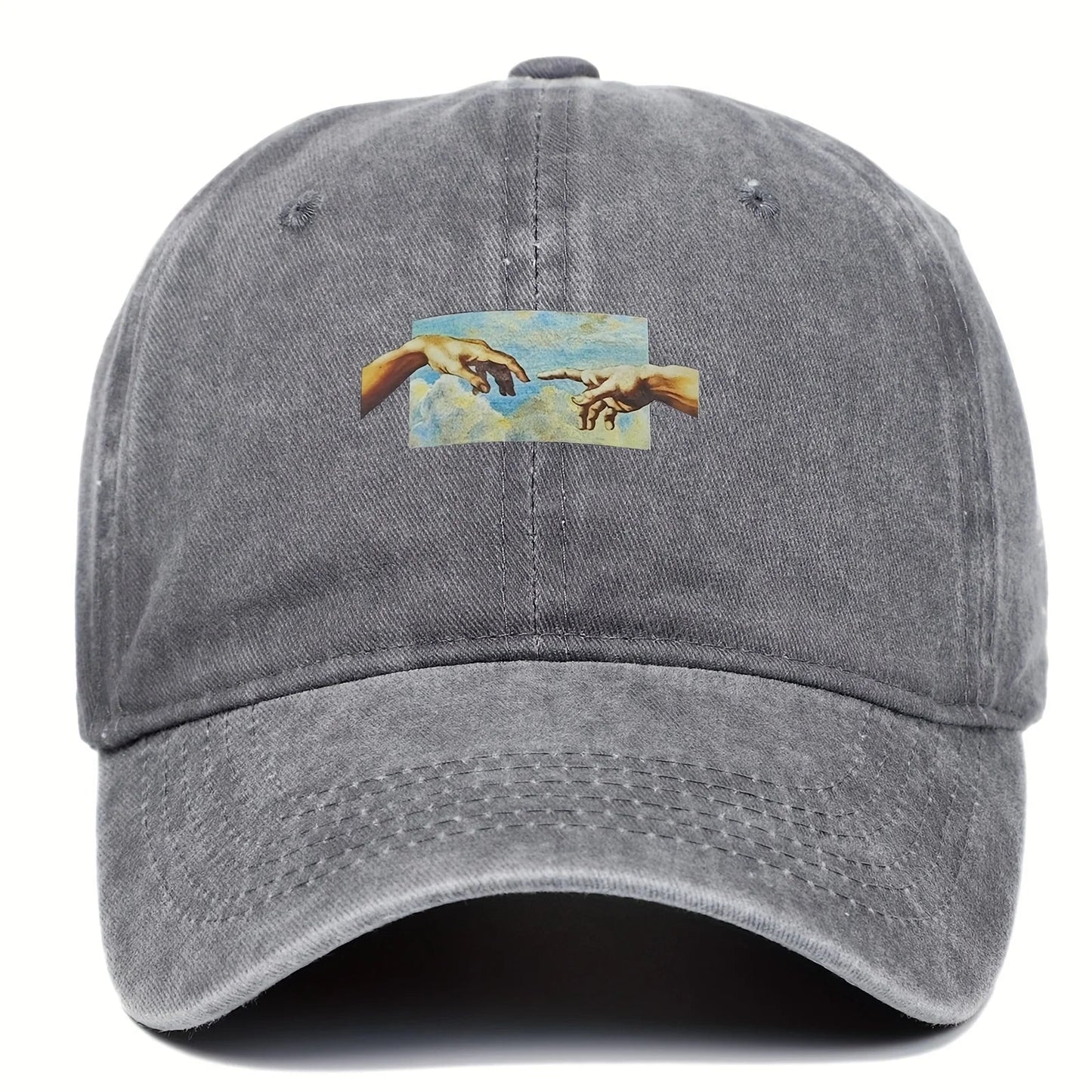 Washed cotton unisex cap featuring Creation of Adam panel print with adjustable buckle strap