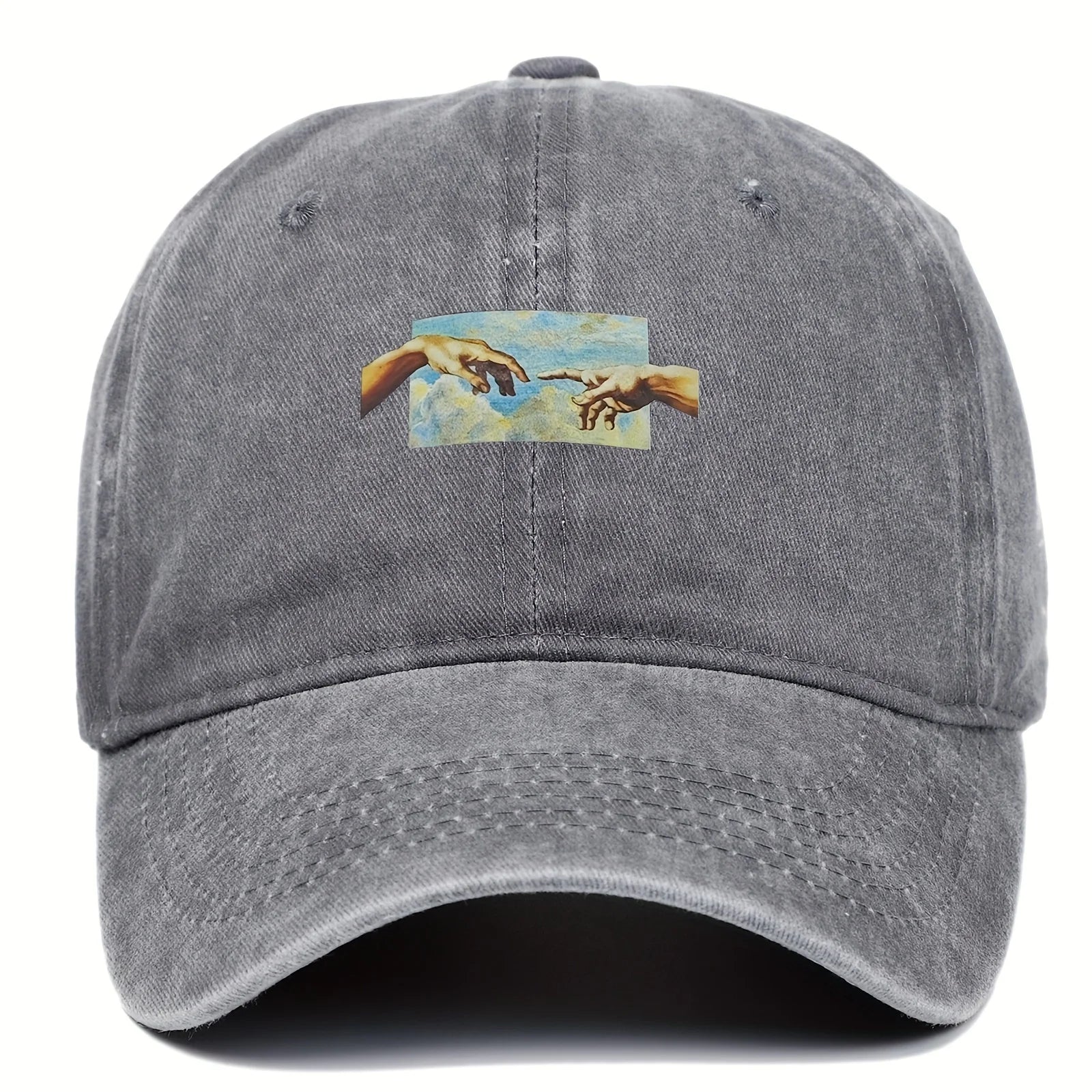 Washed cotton unisex cap featuring Creation of Adam panel print with adjustable buckle strap