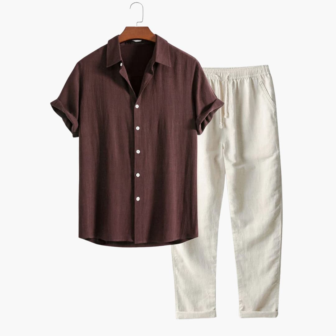 Men's lightweight two-piece set short sleeve shirt tapered pants breathable travel outfit