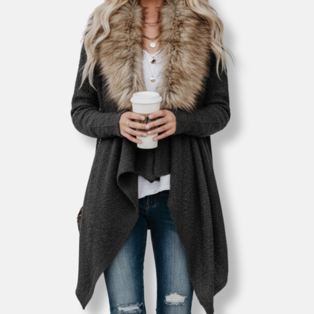 Women's knit blend cardigan jacket relaxed fit open front with plush faux fur collar layering essential