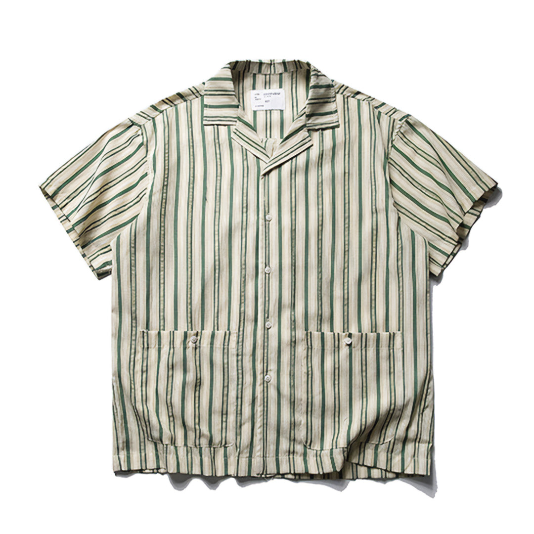Men's lightweight striped cotton camp collar shirt with dual pockets in vintage coastal colors