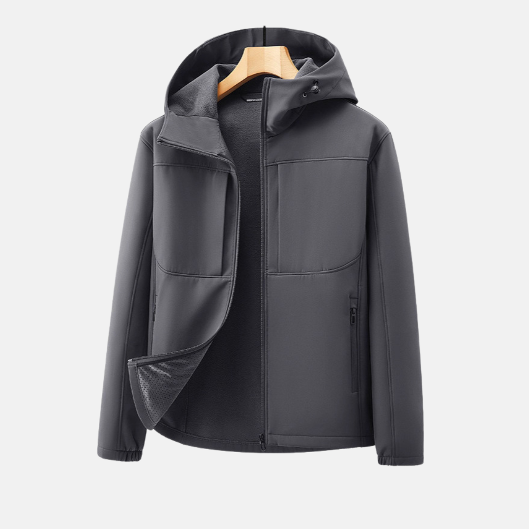 Men's black softshell jacket fleece-lined regular fit with adjustable hood and zip pockets
