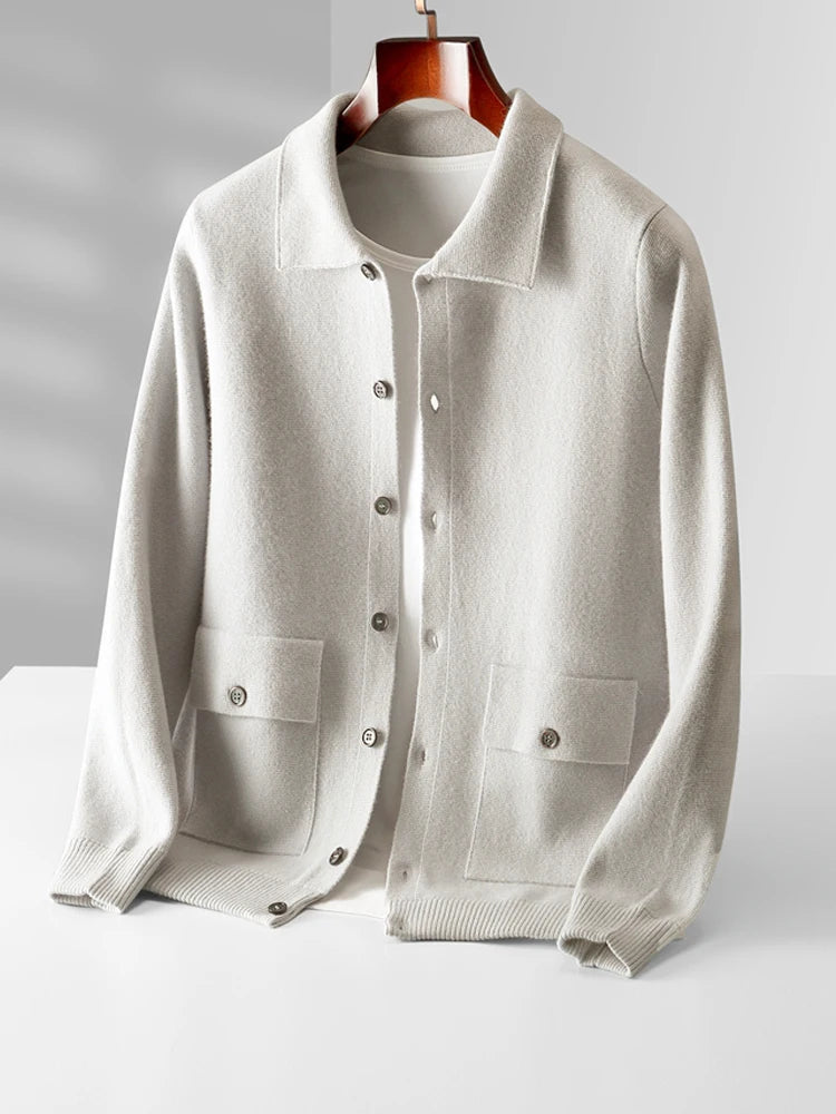Unisex merino wool cardigan relaxed fit lightweight breathable layering piece in neutral tone