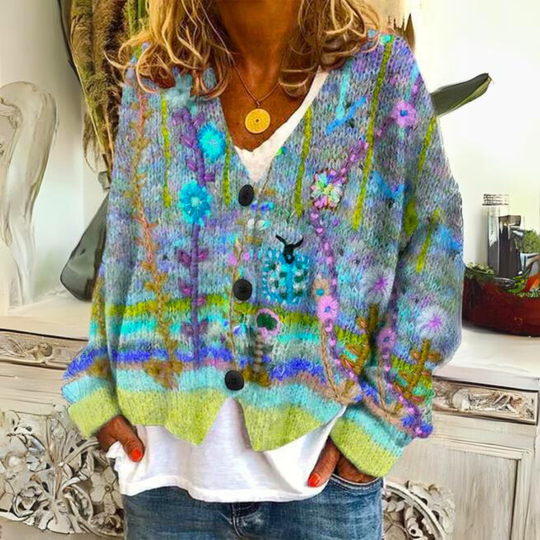 Women's multicolor floral knit button-up sweater with cozy everyday chic layerable feminine pattern