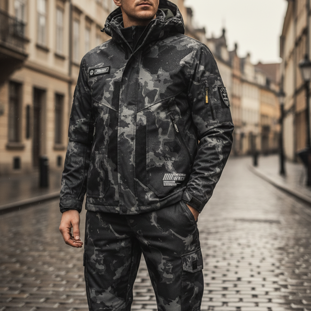Men's dark waterproof softshell hooded jacket, windproof slim-fit design for outdoor and urban wear