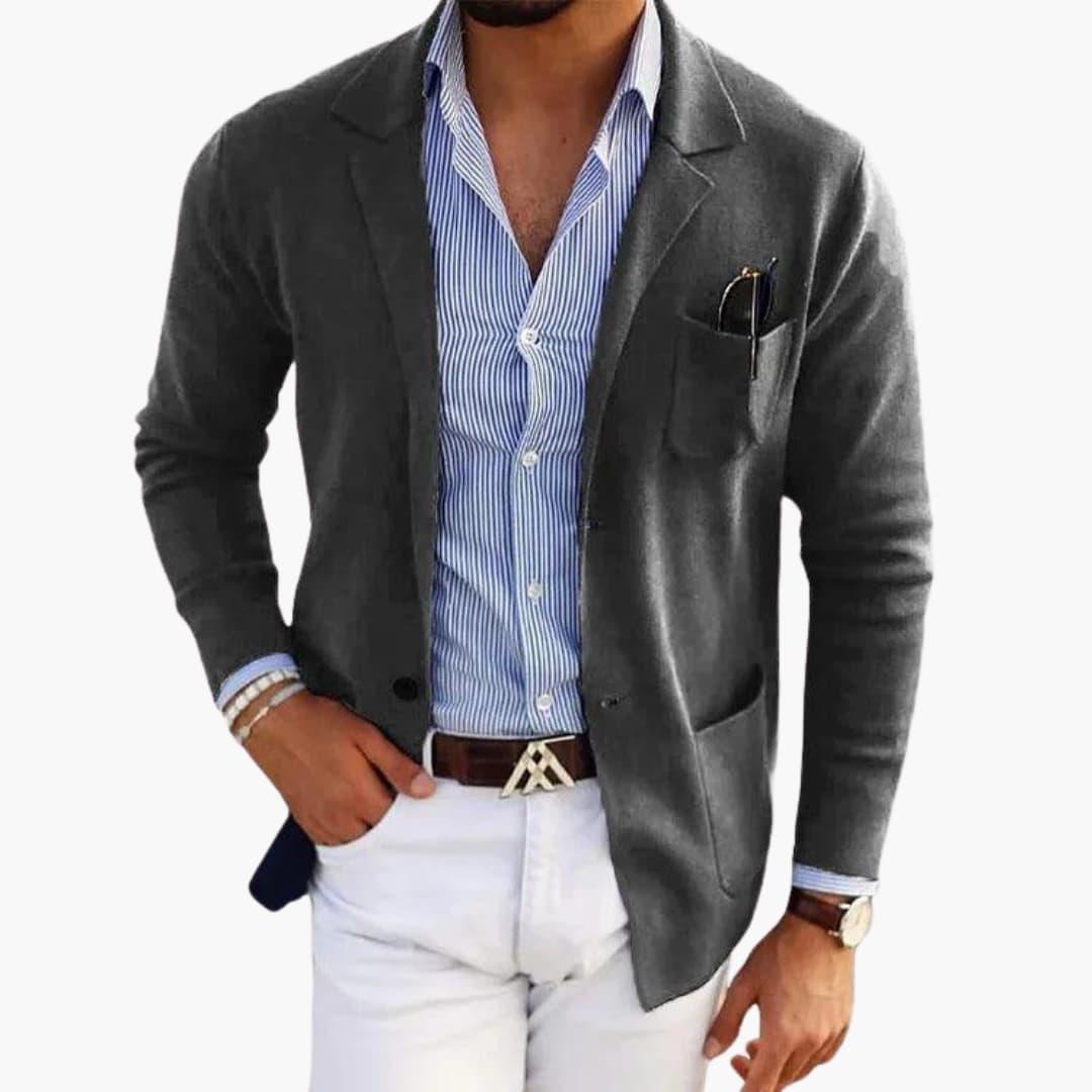 Men's gray knit blazer with lapel collar and center front closure for smart casual office wear
