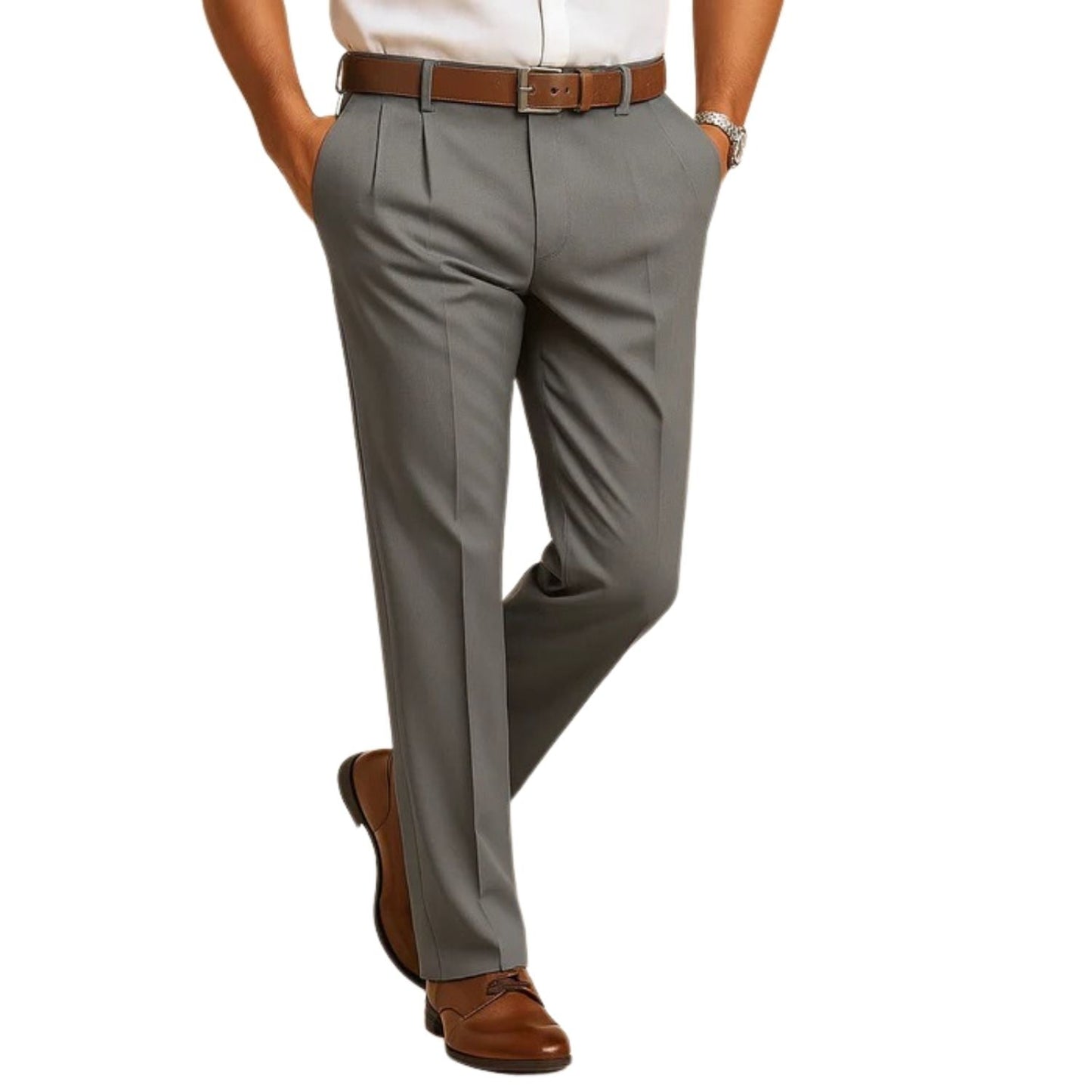 TrendAura men's beige chino pants relaxed fit versatile smart-casual flat-front trousers