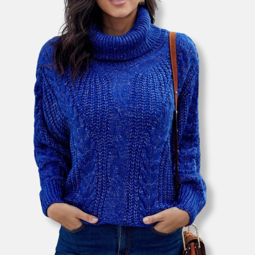 Women's oversized chunky cable knit turtleneck pullover sweatshirt with ribbed neckline cozy warmth