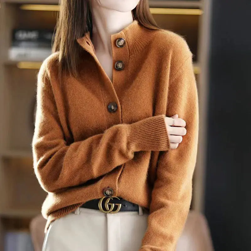 Women's oversized knit cardigan in neutral tones, cozy all-season style with premium large button detailing