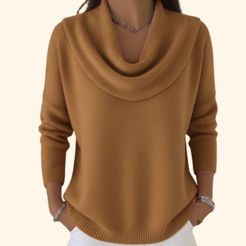 Women's draped cowl neck knit sweater, relaxed fit cozy style with cascading neckline