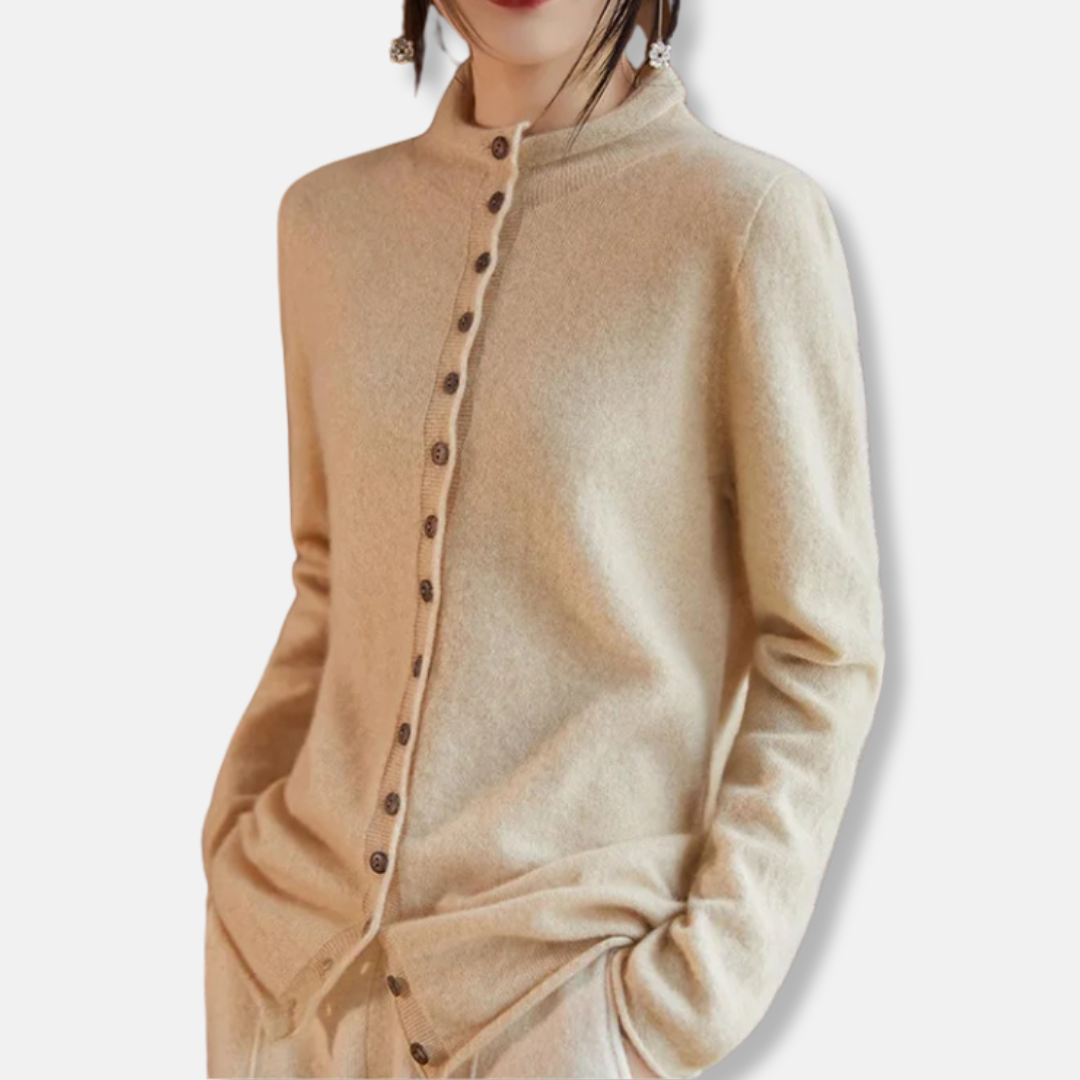 Women's wool knit cardigan sweater, button front spread collar, relaxed tailored fit, versatile layering piece
