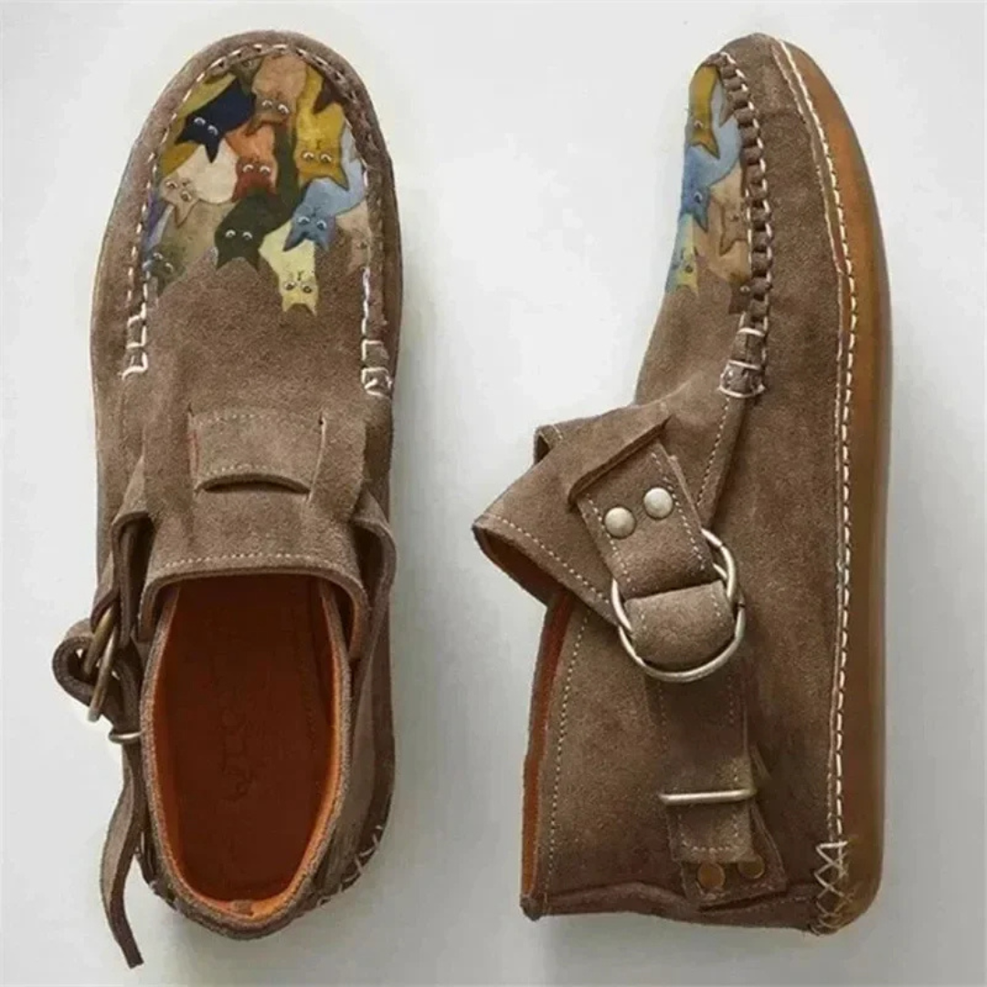 Women's cat print slip-on shoes in playful multicolor design, lightweight casual comfort flat loafers