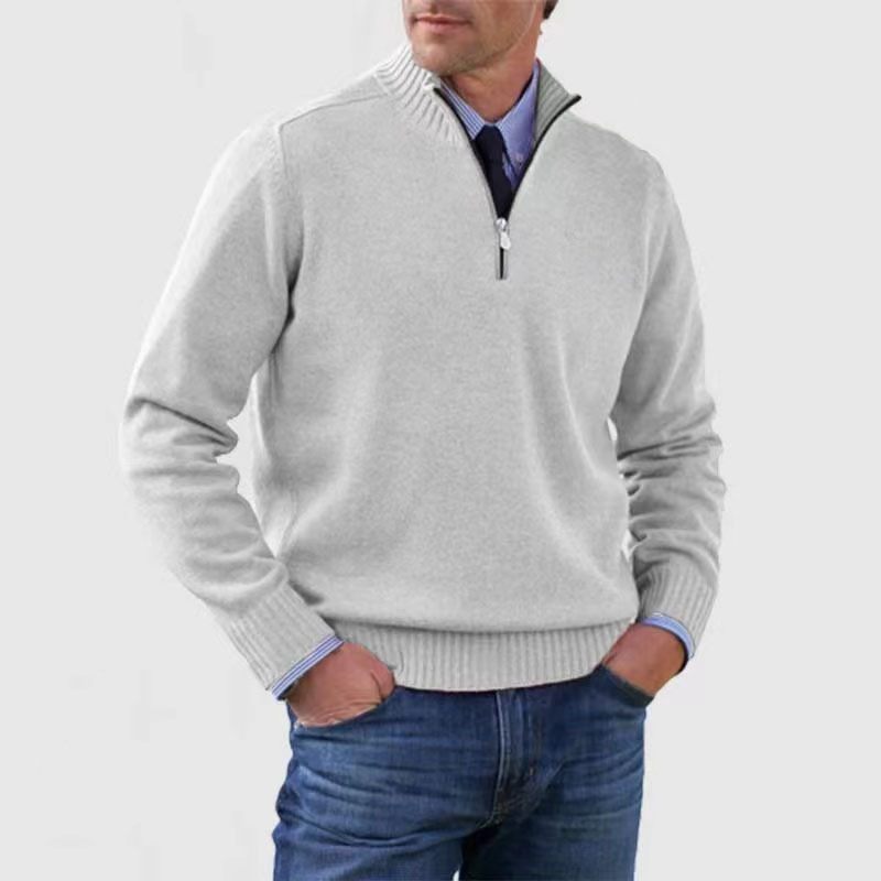 Men's gray knitted quarter-zip pullover with stand-up collar, slim layering fit