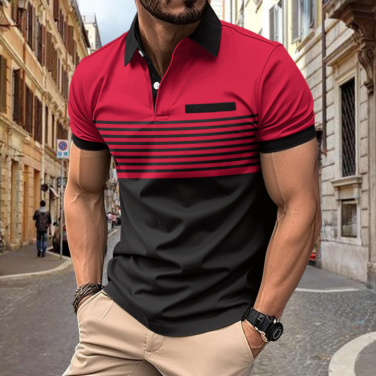 Men's classic fit polo shirt breathable striped fabric button placket casual everyday versatile wear