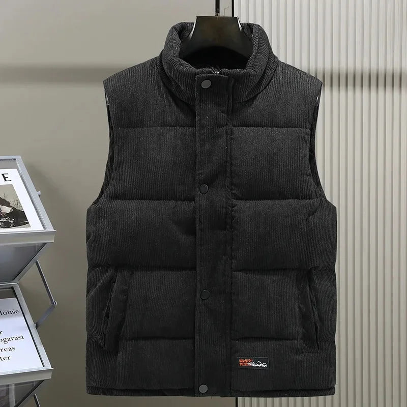 Men's highland corduroy puffer vest warm windproof stand collar silky lining structured texture