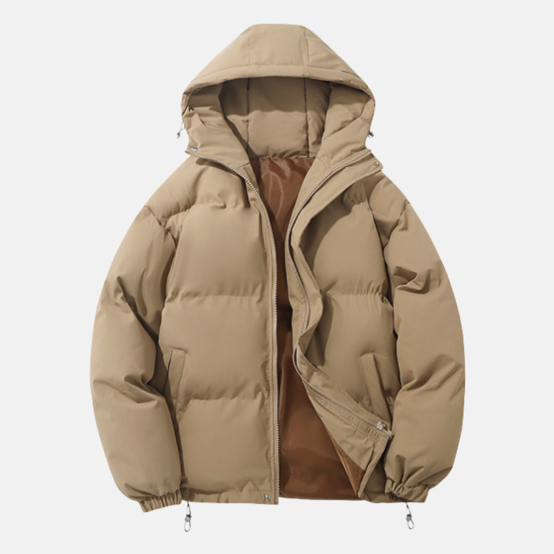 Men's insulated hip-length puffer coat with attached hood and elastic hem for urban cold-weather style