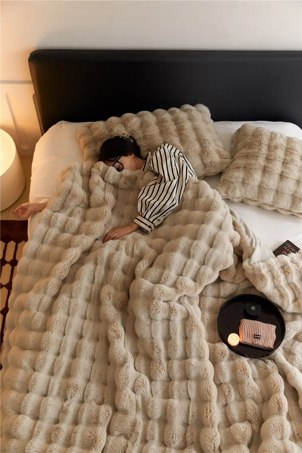 Plush wool throw blanket ultra-soft fleece in neutral tone, lightweight all-season cozy wrap for bedroom or sofa