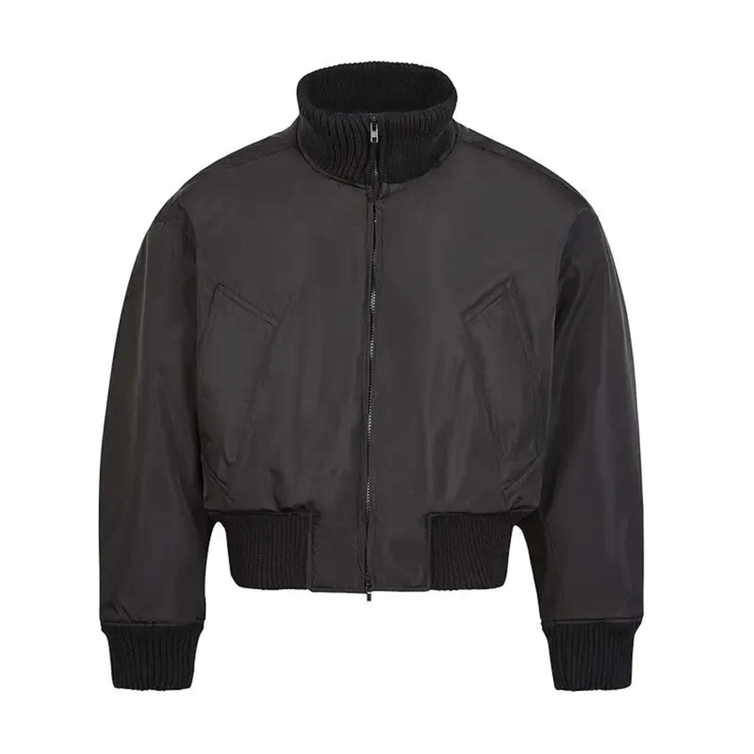 Women's cropped bomber jacket minimal silhouette ribbed cuffs stand collar everyday versatile layer