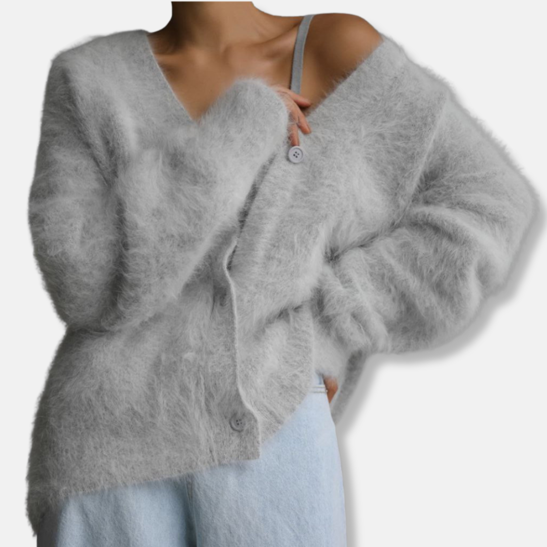 Women's oversized brushed knit cardigan, V-neck with single-button closure, cozy everyday essential