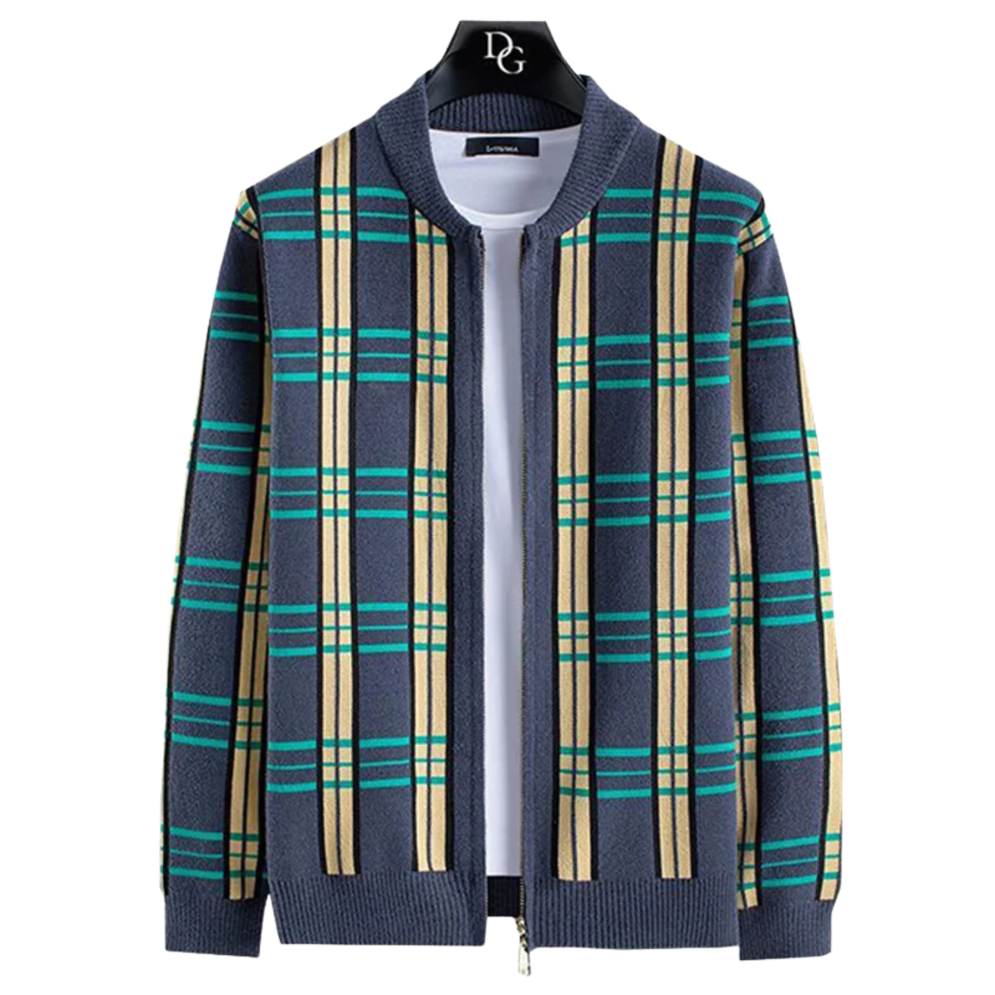 Men's plaid knit cardigan full-zip heavyweight wool-blend tailored fit bold vertical pattern