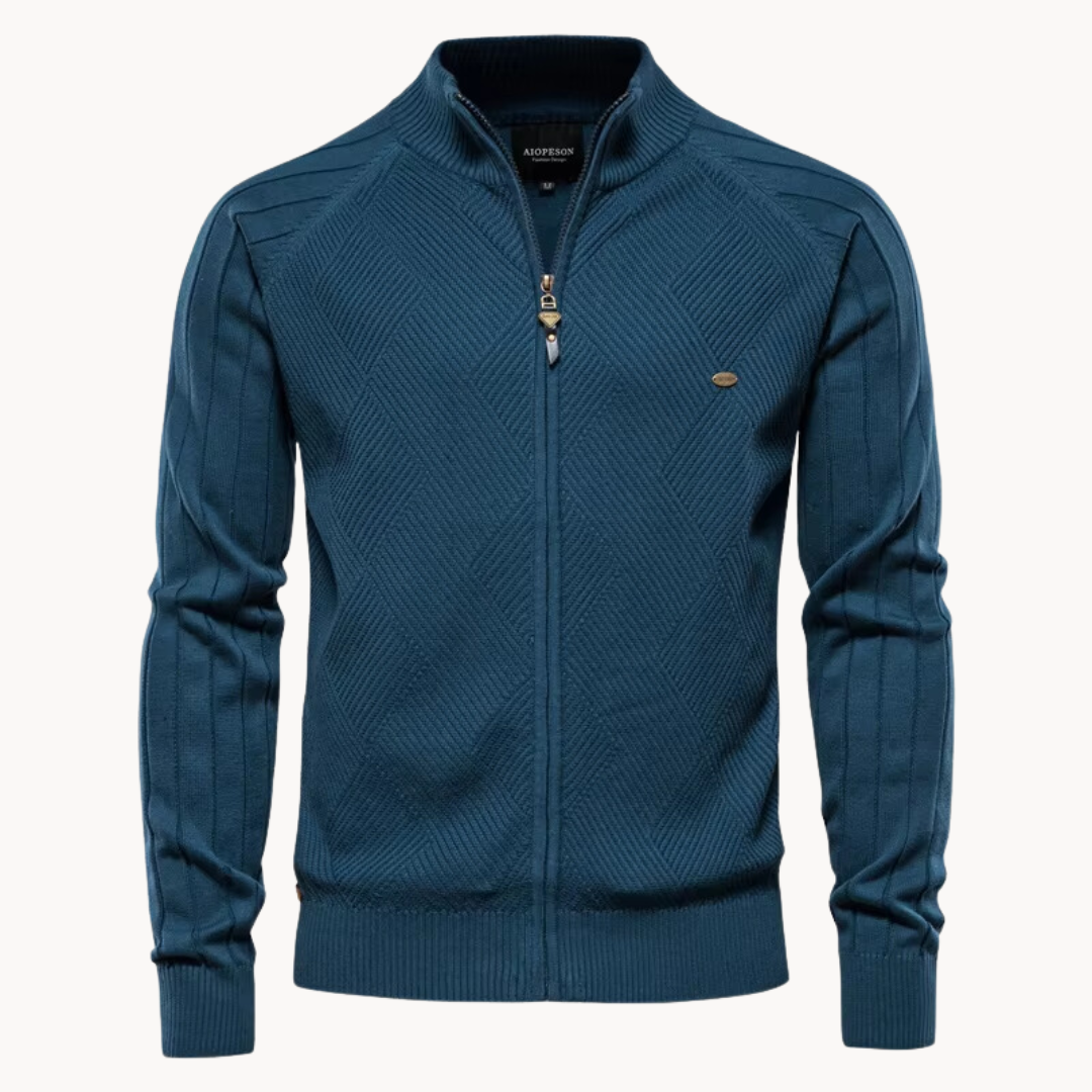 Men's slim-fit wool blend jacket with ribbed edges and zipper, casual urban style