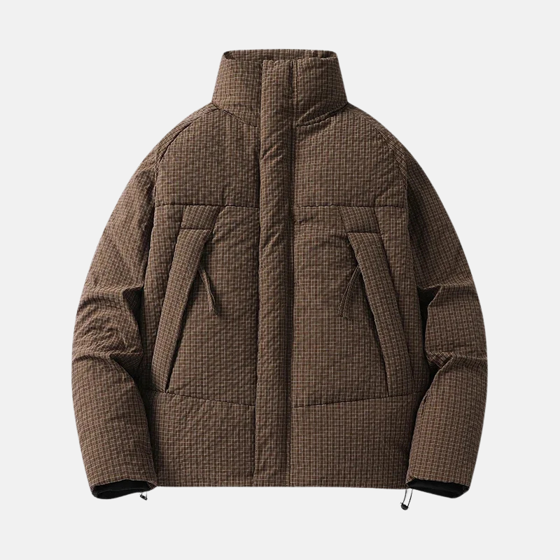 Men's black technical fabric hip-length bomber coat with high stand-up collar for modern winter