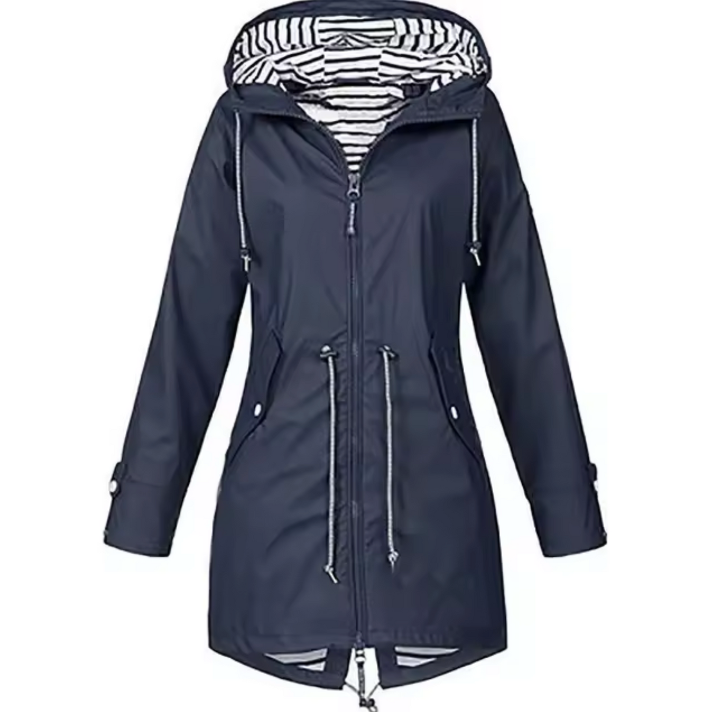 Women's elegant long waterproof raincoat with adjustable waist and lined hood for city wear