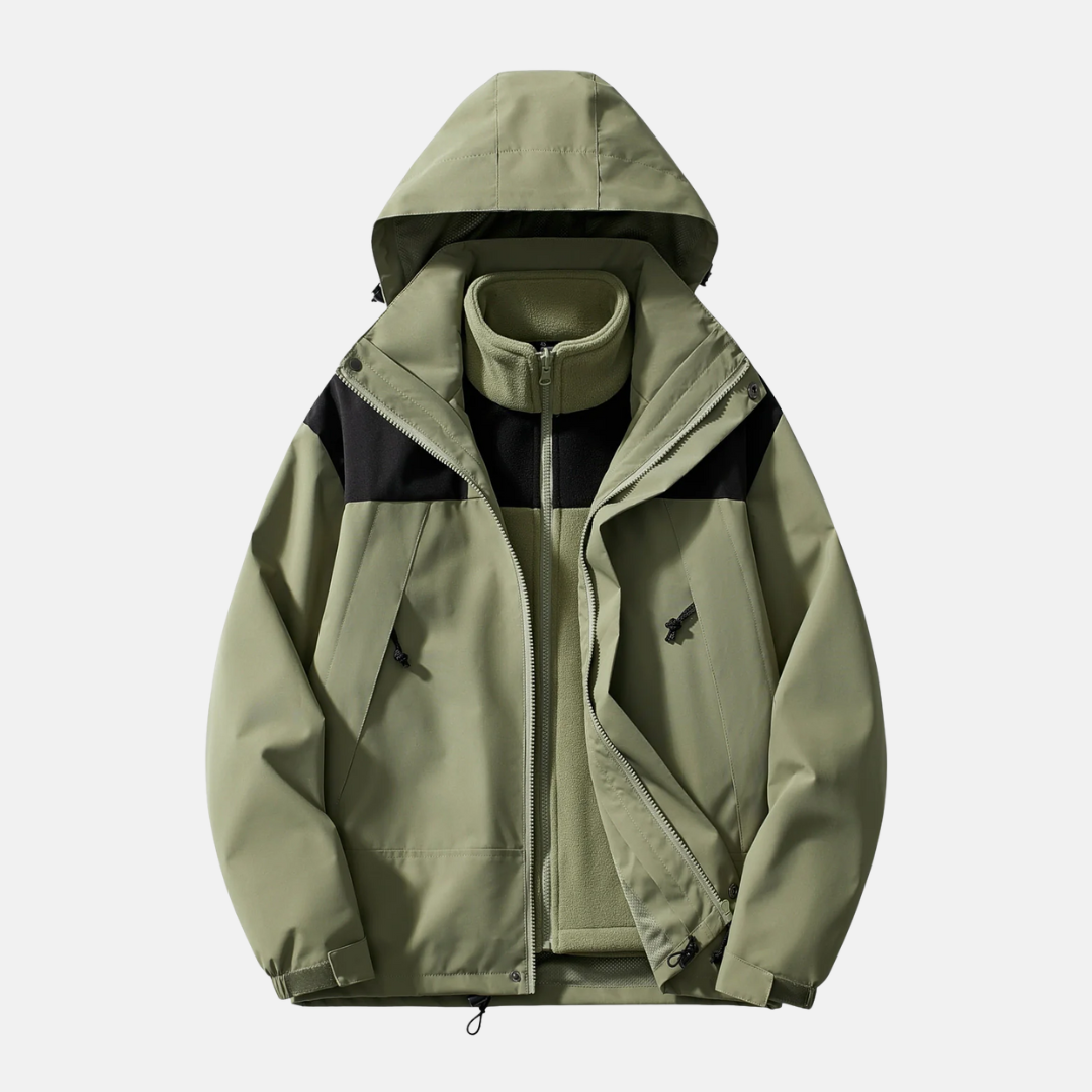 Men's three-in-one jacket water-resistant windproof shell with detachable fleece liner and hood