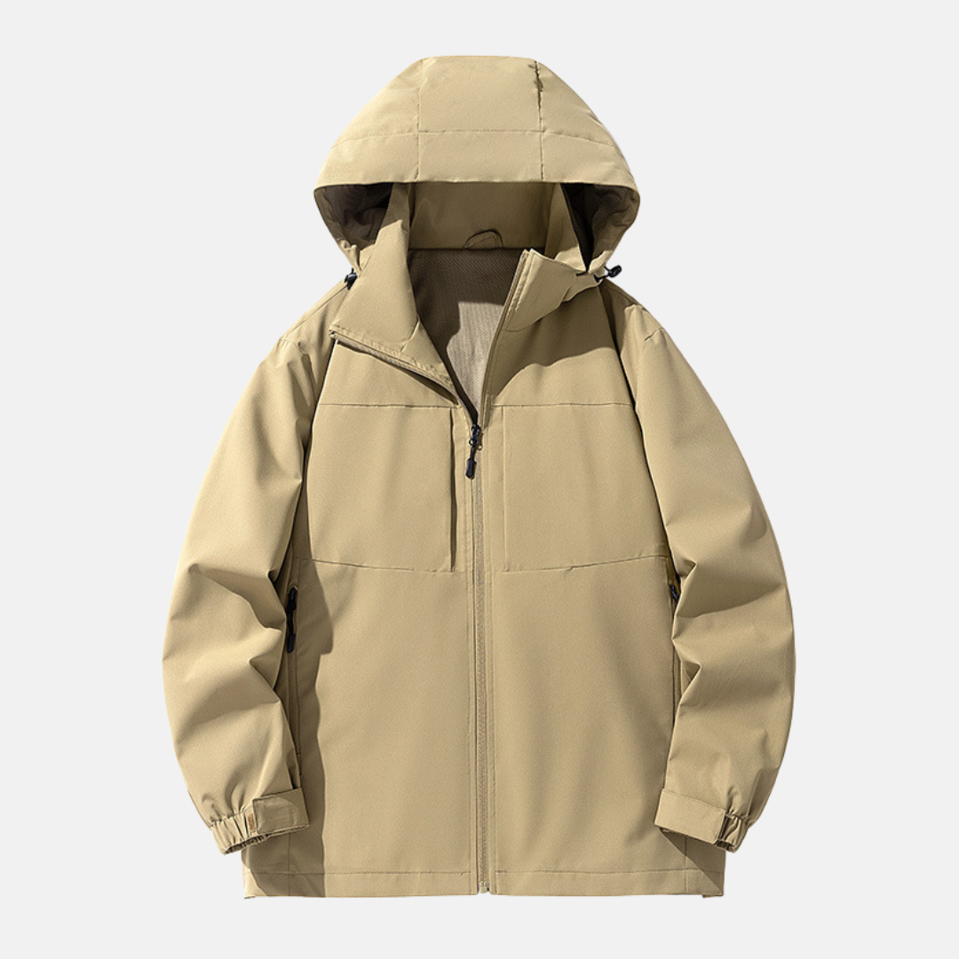 Men's relaxed fit hooded jacket weather-resistant shell with zip pockets and adjustable cuffs