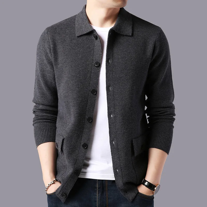 Varsity collared cardigan cotton blend with deep buttoned pockets, lightweight layering piece