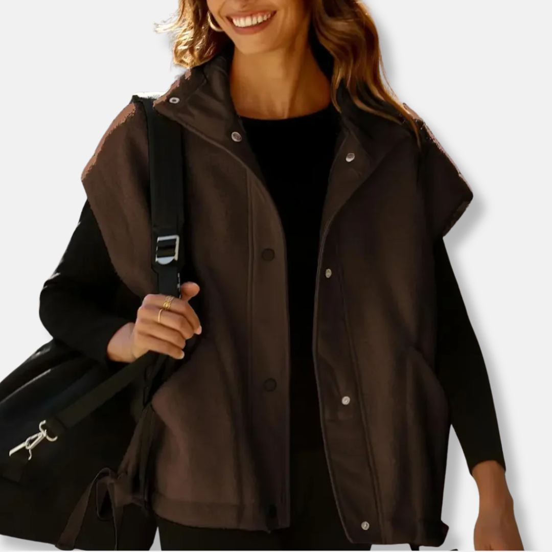 Women's plush fleece vest oversized relaxed fit stand-up collar snap button closure cozy layer
