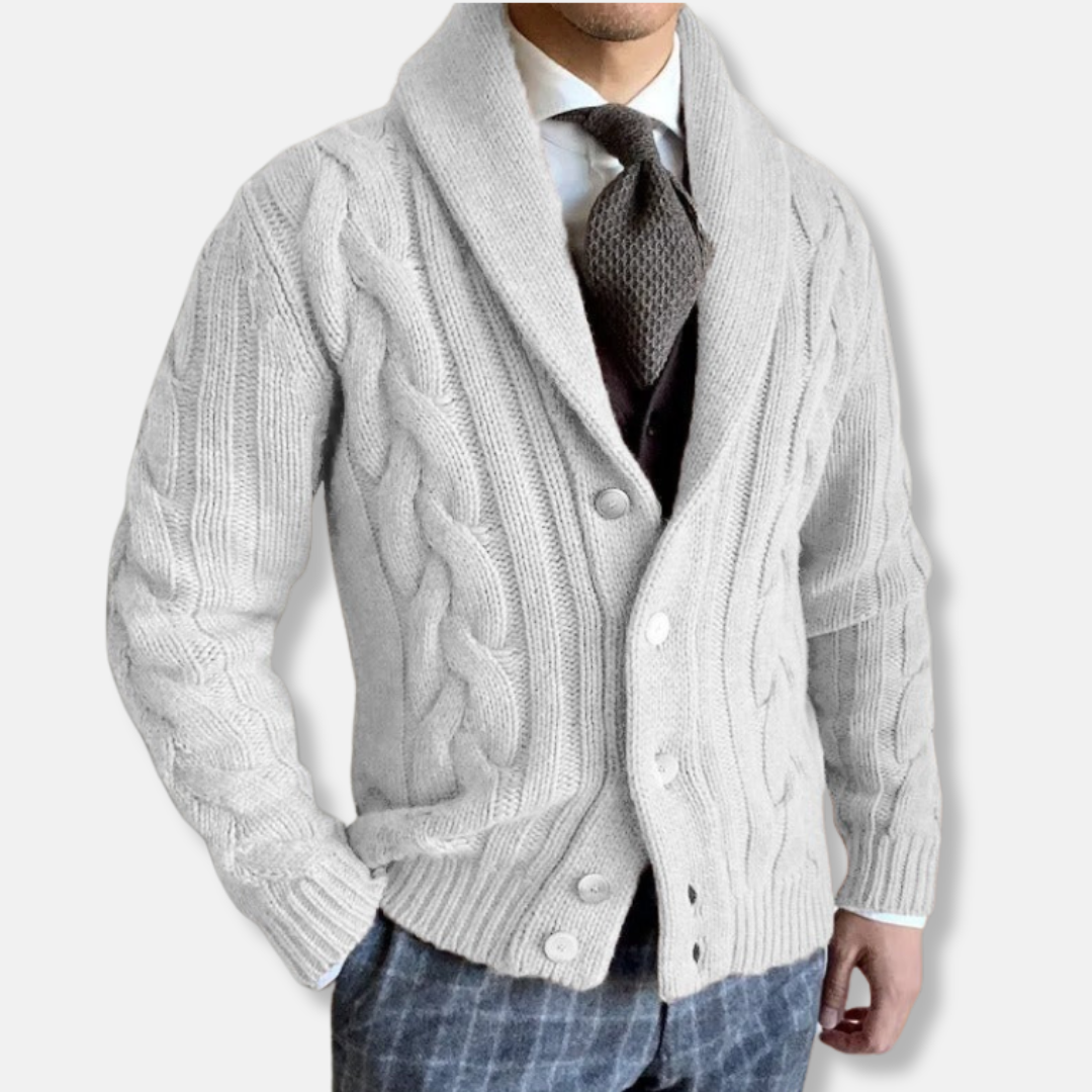 Men's cable knit cardigan shawl lapel collar, wool-feel cozy regular fit long sleeve