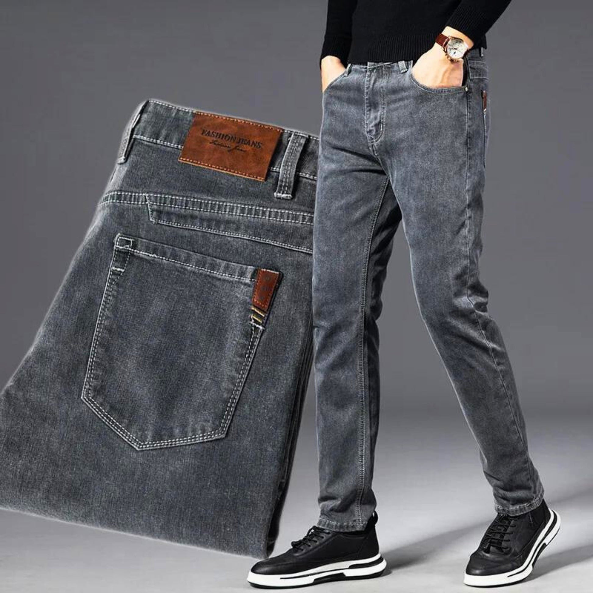 Ashen stretch denim jeans vintage wash slim fit flexible fabric flattering silhouette everyday wear