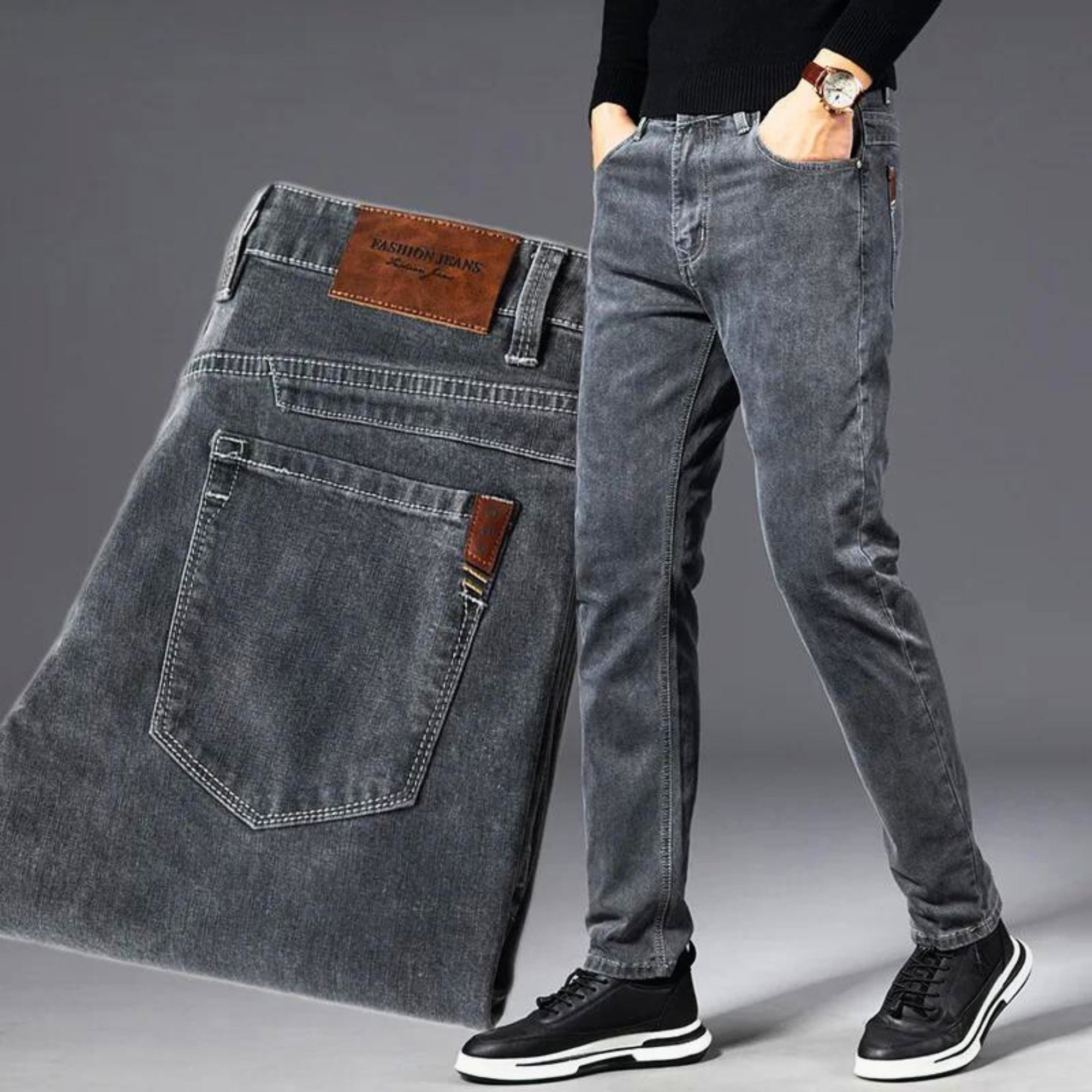 Ashen stretch denim jeans vintage wash slim fit flexible fabric flattering silhouette everyday wear