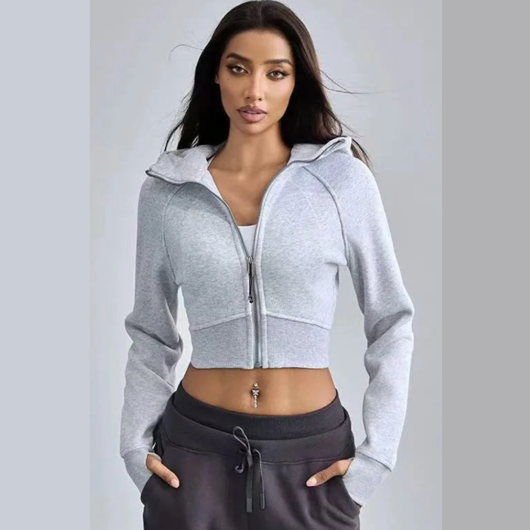 Women's cropped zip-up hoodie second-skin fit buttery-soft stretch lightweight athletic jacket