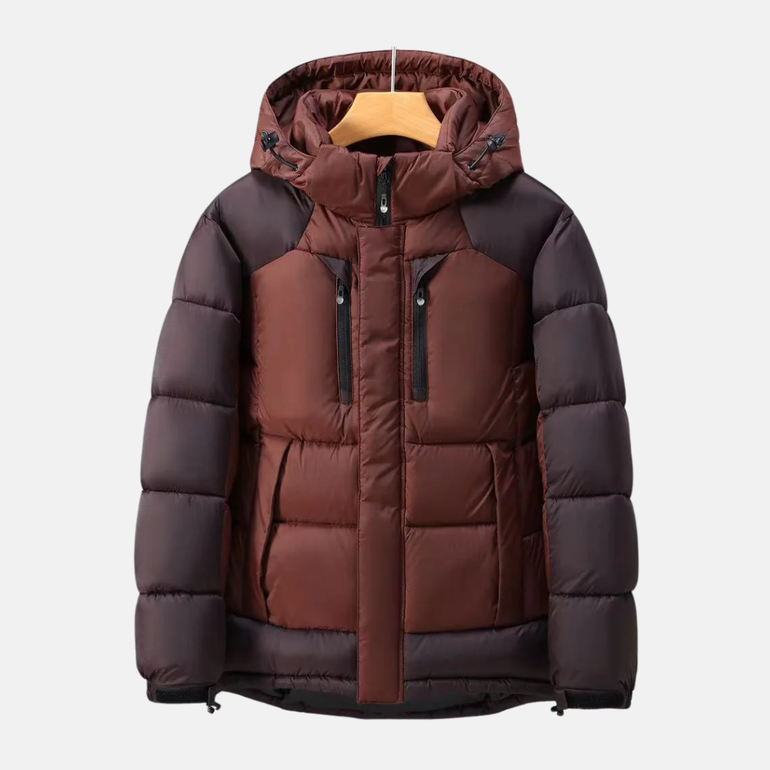 Men's black insulated padded jacket with detachable hood, hip-length cut, secure pockets for outdoor use