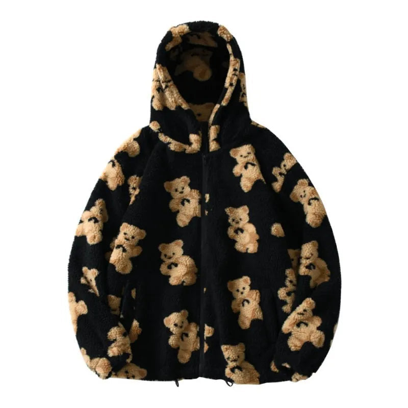 Oversized beige sherpa zip hoodie with allover teddy bear print, ultra-soft plush fleece for cold days