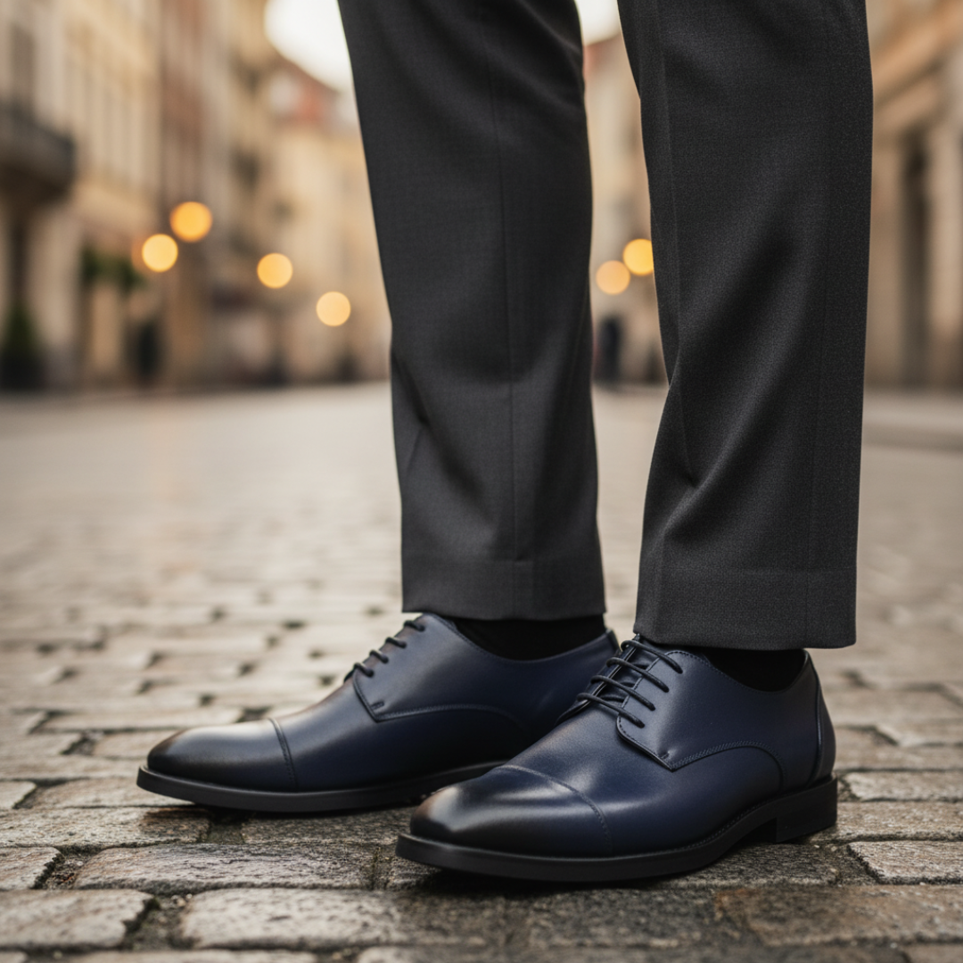 Men's elegant Derby cap-toe dress shoes in brown, blue, and black with adjustable fit for formal wear