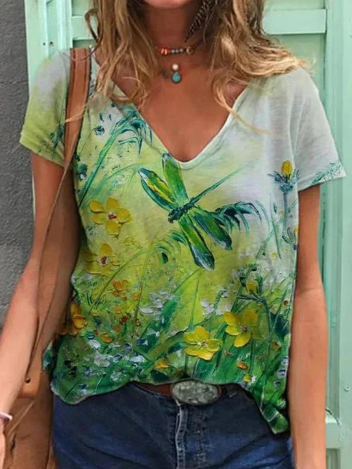 Artistic floral print V-neck t-shirt women flattering fit soft sustainable fabric everyday wear