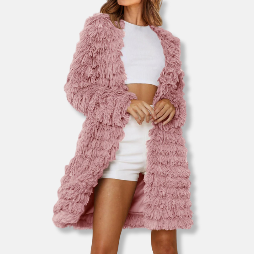 Women's longline open-front shaggy cardigan in neutral tone, relaxed fit with plush high-loft texture