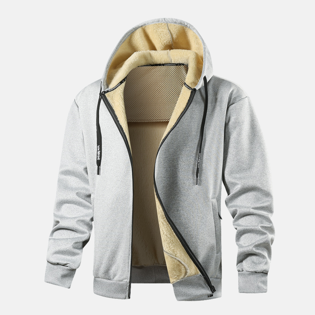Men's gray zip-up hoodie jacket relaxed fit with plush fleece lining for cozy winter warmth